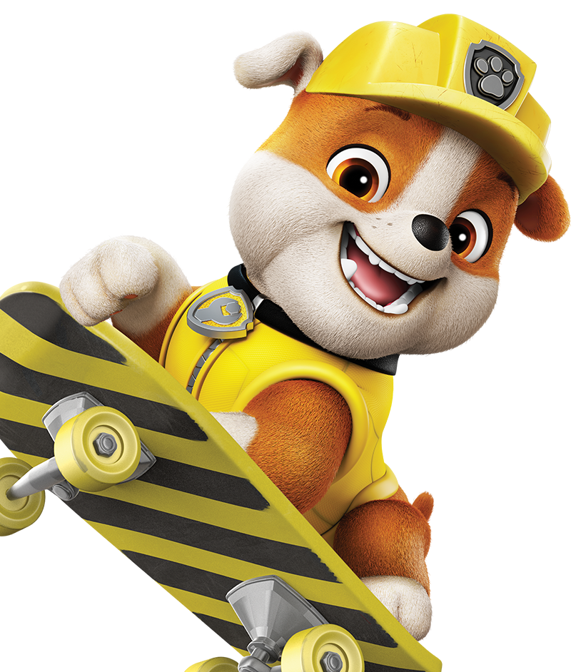 Paw Patrol pup, Rubble, on a skateboard.