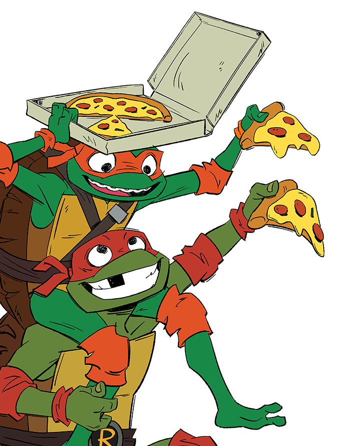 Teenage Mutant Ninja Turtles holding pizza